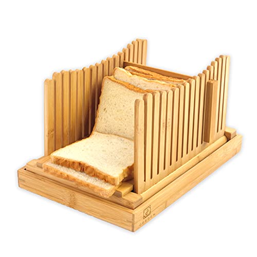 Attractive Bamboo Bread Slicers for Homemade Bread Loaf,Adjustable Bread Slicing Guide with 3 Different Thickness, Fodable & Compact with Crumb Tray for Bread, Cakes and Bagels. (Large, Oringnal)