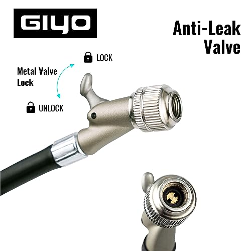 GIYO High Pressure Bike Shock Pump - for Mountain Bike Front/Rear Suspension Aluminum Barrel 1.5" Dial Gauge Micro Adjust Button | 350 PSI. 360° Rotary Hose |Taiwan Made
