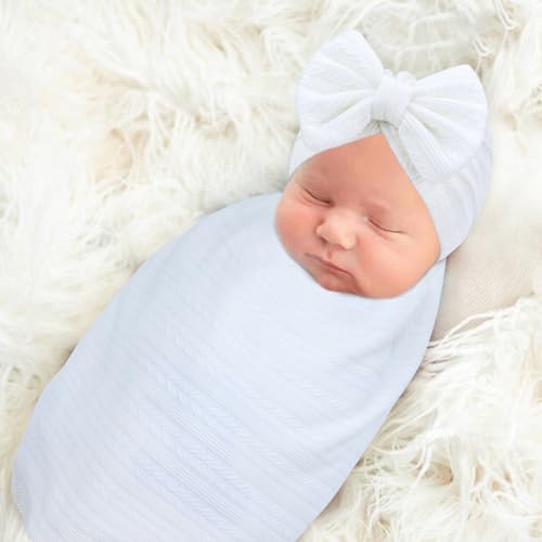 Image of Cinaci 4pcs White Soft Nursery Newborn Baby Receiving Swaddle Blanket with Matching Turban Hat Bow Headbands Floral Nylon Headbands for Baby Girls Newborn Infants