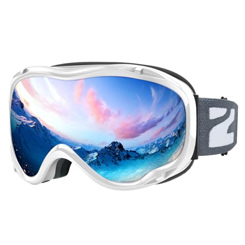 ZIONOR Lagopus Ski Snowboard Goggles UV Protection Anti fog Snow Goggles for Men Women Adult Youth VLT 8.6% White Frame Silver Lens