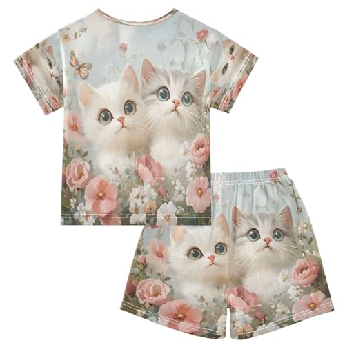 ALAZA Cute Animal Blossom Cat Flower Butterfly Pajamas Set Short Sleeve Cotton Sleepwear Summer Pjs 2 Piece 5-14Y2