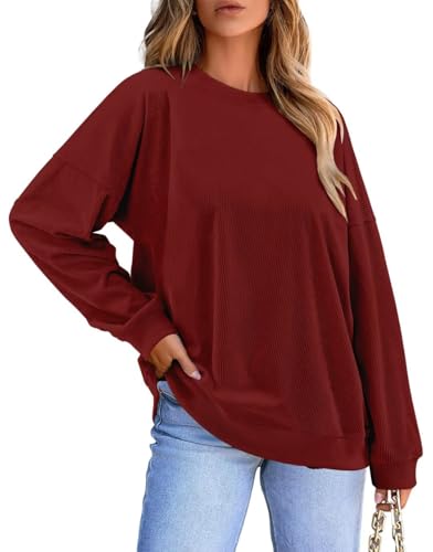 KISSMODA Women's Casual Long Sleeve Sweatshirt Color Block/Solid Crewneck Corduroy Pullover Cute Tops