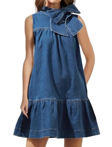 Denim Dress for Women Summer Sleeveless Mock Neck Ruffle Hem Babydoll Jean Dress with Bow