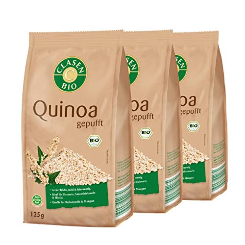 3x CLASEN BIO Quinoa gepufft - von Natur aus vegan und glutenfrei für Müslis biologischer Anbau - 125 g