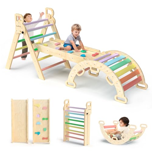 BlueWood 7-in-1 Montessori Kletterdreieck mit Kletterbogen und Rutsche, Holzdreieck für Kleinkinder, Indoor Kletterspielzeug für Kleinkinder, klettergerüst Indoor ab 1 Jahr