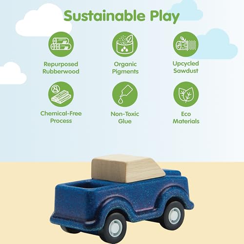 Image of PlanToys Blue Truck Wooden Montessori Vehicle Toy | Early Movement, Imagination and Practical Life Exploration | Eco Friendly Truck for Indoor and Outdoor Play
