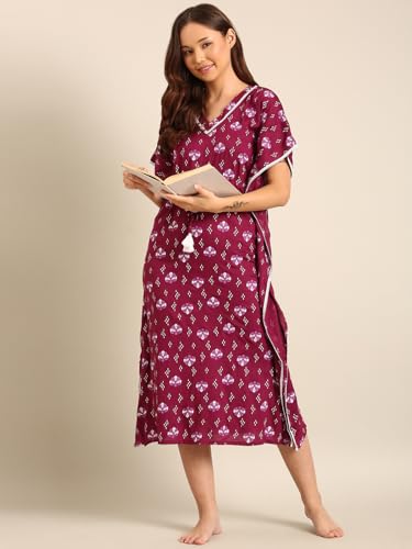 Image of Rupa Jon Aishwarya Women Full Length Printed Kaftan Nighty in Premium Cotton Blend Fabric, Night Dress, Maxi Nighty for Comfortable Everyday Wear