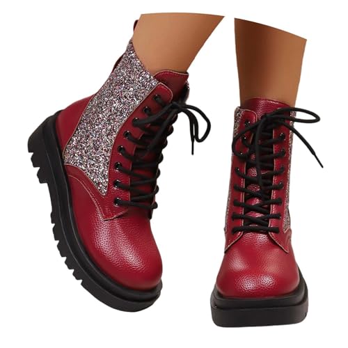 Generisch Schnürboots Damen Schnürstiefeletten Biker Boots Stiefeletten Damen Flach Boots mit Lack-Finish chnürstiefeletten mit Plateau-Sohle Auffällige Stiefel für Party und Festival