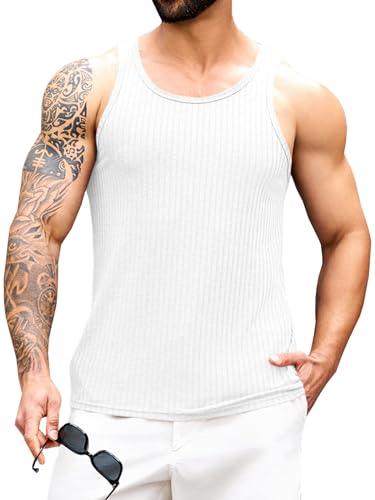 Runcati Mens Ribbed Knit Tank Top Cotton Sleeveless Shirts Summer Beach Workout Muscle Undershirt