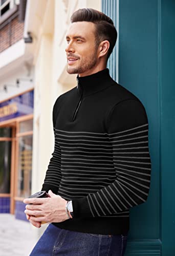 Coofandy Regular Fit Turtleneck Zipper Sweater Men Classic Striped Pullover Sweater (Black, L) #TOP1
