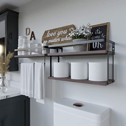 Richer House 2+1 Tier Wall Mounted Floating Shelves Set Of 2, Rustic Wood Wall Shelf With Metal Frame, Extra Storage Rack For Bathroom, Kitchen, Bedroom With Tissue Rack & Towel Bar - Rustic Brown #TOP1