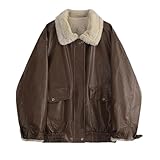 Veste oversize en cuir synthétique pour femme - Épais et chaud - Fermeture éclair - Bouton en peluche, marron, L