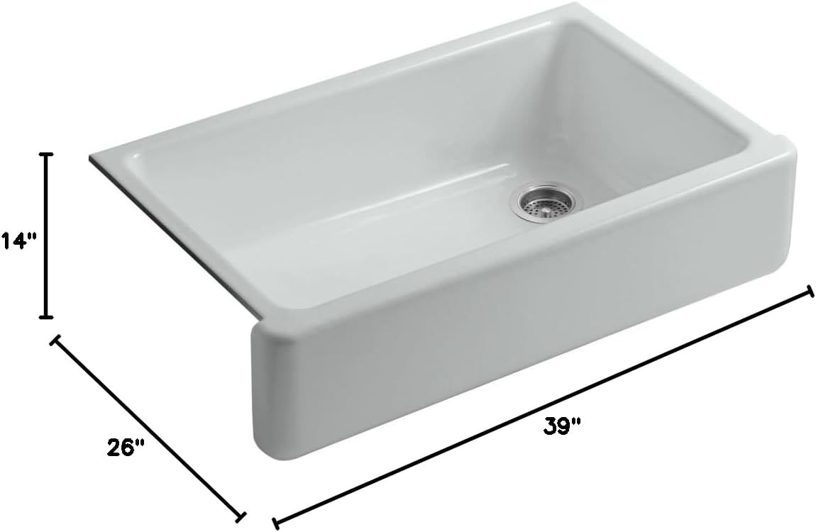KOHLER Whitehaven® 35-3/4" Farmhouse Undermount Kitchen Sink, Single-Bowl Kitchen Sinks, Self-Trimming Tall Apron Front, K-6489-95, Ice Grey