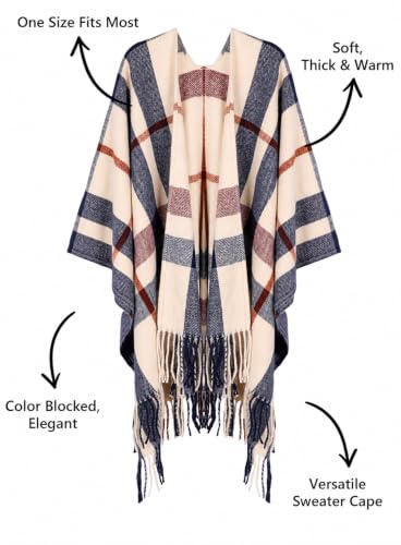 Image of Bestshe Women's Boho Open Front Poncho Plaid Shawl Wrap Cape