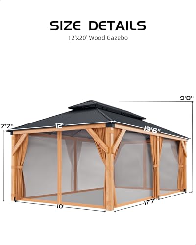 Hardtop Wood Gazebo 12'x20' for All Weather, with Double Metal Roof, Heavy Duty Wooden Frame, Net, and Curtain, Permanent Building for Patio, Deck, Backyard, Lawn, and Garden, Khaki