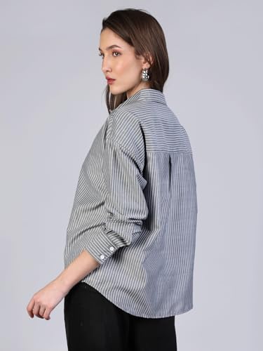 Image of Urbano Fashion Women's Cotton Full Sleeve Oversized Fit Casual Striped Shirt with Spread Collar