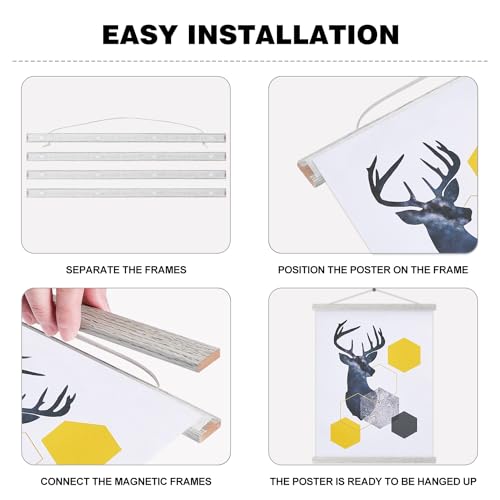 Image of Magnetic Poster Hanger, 16x20 16x24 16x22 Poster Frame Wood Wooden Magnet Print Posters Dowel Scroll Hanger Hangers Hanging Kit for Walls Map Canvas Artwork (Grey, 16 inch)