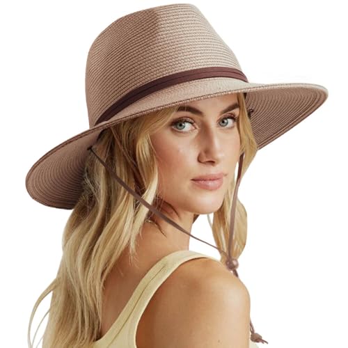DRESHOW Womens Summer Straw Sun Hat Wide Brim Bucket Hats Fedora Hat Panama Beach Hat with Chin Strap UPF 50+