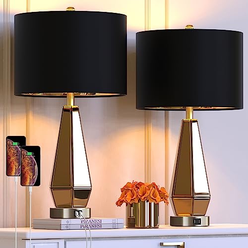 Hamucd Set of 2 Mirrored Glass Bedside Table Lamps with 2 USB Ports...