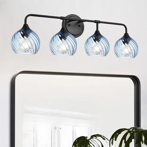Image of MELUCEE Bathroom Light Fixtures Black Vanity Light with Blue Striped Swirl Glass Shade, 4 Light Modern Wall Light Fixtures for Mirror Kitchen Living Room Bedroom Hallway