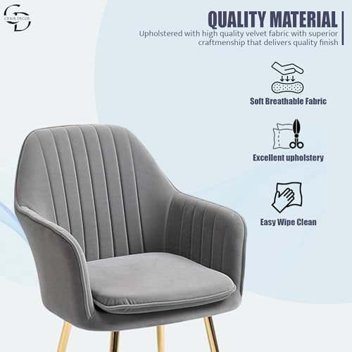 Image of Velvet Accent Chair with Matching Pouffe & Floral Cushion | Modern Upholstered Armchair with Gold Metal Legs | Lounge Chair for Living Room, Bedroom, Office, Guest Room (Light Grey)