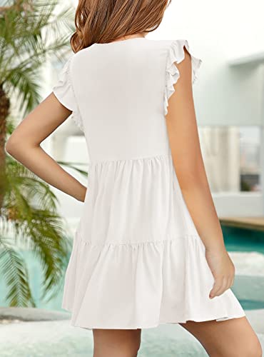 Mafulus Girls Ruffle Sleeve Dress Kids V Neck Button Down Tiered Swing A-Line Summer Beach Sundress Outfit 5-14T #TOP4