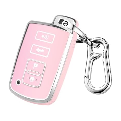 QBUC for Toyota Key Fob Cover, Smart Key Shell Case for Toyota Sequoia Highlander XLE Camry , Corolla XSE RAV4 Tundra Tacoma, Soft TPU Protection Case for Toyota with Keychain (Silver-Pink) Cover