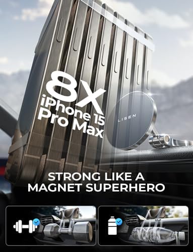 LISEN Ładowarka samochodowa Magsafe [ładowanie 15 W PRO] iPhone Samsung bezprzewodowa ładowarka samochodowa magnetyczny uchwyt na telefon, uchwyt samochodowy na deskę rozdzielczą pasuje do iPhone'a 15