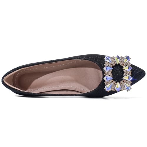 Women's Chunky Low Block Heels Rhinestone Pointed Toe Pumps Comfortable Slip on Work Dress Wedding Shoes3