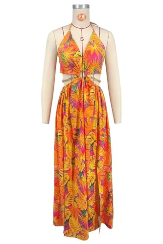 Image of Qikaka Women's Sleeveless Deep V Neck Floral Printed Metal Chain Bodycon Sexy Nightclub Party Boho Dress