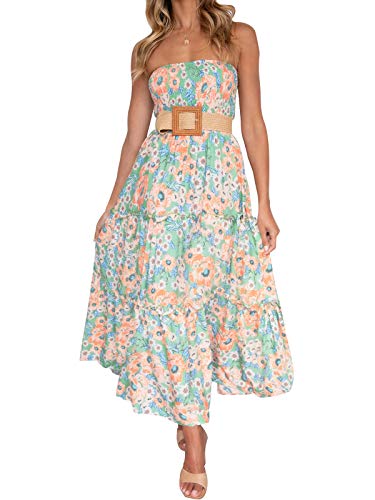 Image of ZESICA Women's Summer Boho Strapless Maxi Dress 2026 Casual Off Shoulder Smocked Flowy A Line Beach Holiday Long Dresses