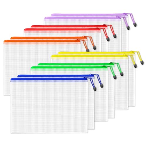 SUNEE Plastic Wallets A3 12 Pack Mesh Zip Lock Document Wallets & File Bags Waterproof Plastic Folders A3 for School Office Home and Travel Storage - 6 Colours