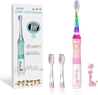 Seago Kids Electric Toothbrush, Sonic Battery Power Toothbrushes Toddler Electric Toothbrush with 4 Dupont Brush Heads, Rainbow LED Light for Junior Boys and Girls Ages 3+ (Pink)