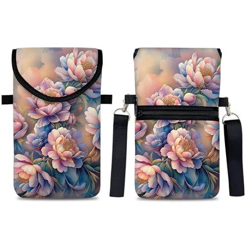 Image of Neoprene Cell Phone Sleeve Pouch Case Bag with Crossbody Strap Neck Lanyard for Women 7.5 X 4.3 in Rich Flower