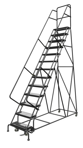 Image of Tri-Arc KDSR113242 13-Step Steel Rolling Industrial and Warehouse Ladder with Handrails and 24 inch Wide Grip-Strut Tread