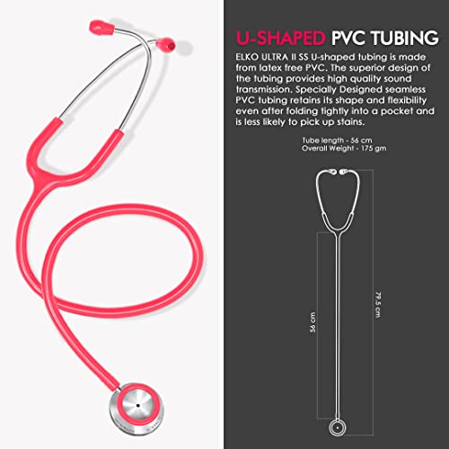 Image of ELKO EL-140 ULTRA II SS Stainless Steel Acoustic Stethoscope | For Doctors, Medical Students & Healthcare Professionals | Dual Head Chestpiece | 5.5mm Brass Pipe Frame | U-Shaped PVC Tubing (Pink)