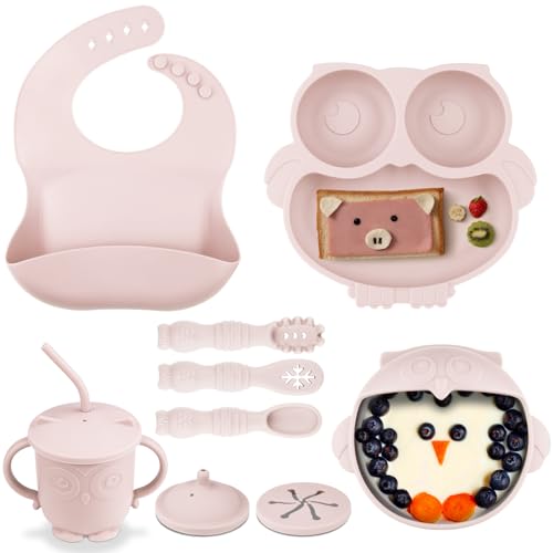 Image of Silicone Baby Feeding Set, 12 PCS Baby Led Weaning Supplies with Suction Baby Plate and Bowl Set, Baby Spoon and Fork, Adjustable Bib, Sippy Cup with Straw and Lid, Baby Utensils for 6+ Months(Beige)