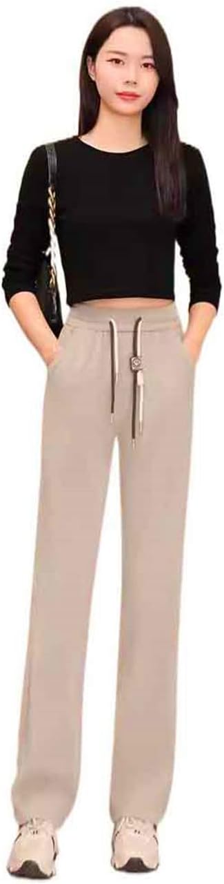 Women's Pants Summer Elastic High-Waisted Straight-Leg Drawstring Pants-Grey-Large