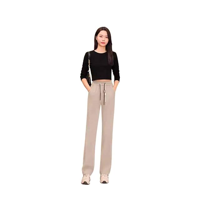Womens Pants Summer Elastic High-Waisted Straight-Leg Drawstring Pants-Grey-Medium