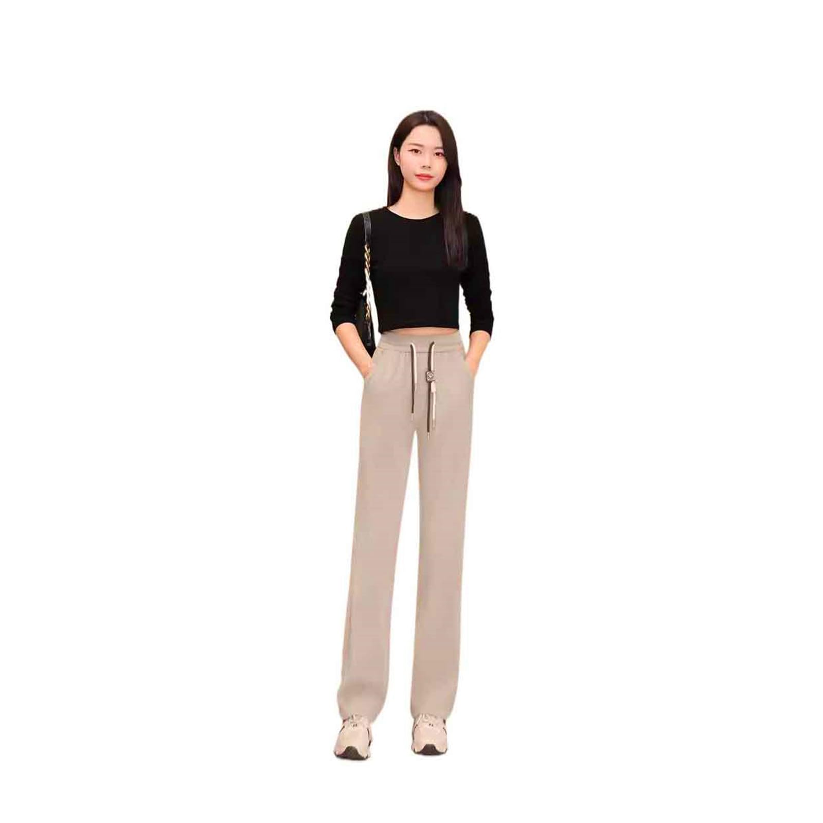 Womens Pants Summer Elastic High-Waisted Straight-Leg Drawstring Pants-Grey-Medium