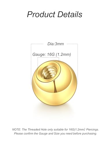Oveta 10PCS 16G 3mm Replacement Balls for Piercing Jewelry, Externally Threaded Surgical Steel Piercing Balls for Tragus, Septum, Eyebrow, Belly Button, Nipple, Tongue Barbell Parts, Silver/Gold2