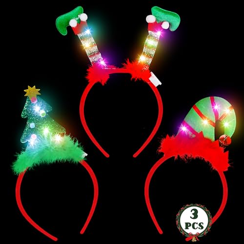 HOVACY 3 Pcs Light Up Christmas Headbands Chrstmas Flashing LED Lights Headband Tree Santa Hat Elf Hat Christmas Headwear Holiday Headpieces for Xmas Party Favors Costume Decor Supplies