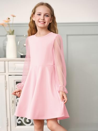 Haloumoning Girls Dresses Mesh Puff Long Sleeve Dress for Kids High Waist A Line Wedding Party Dress 5-14Y3