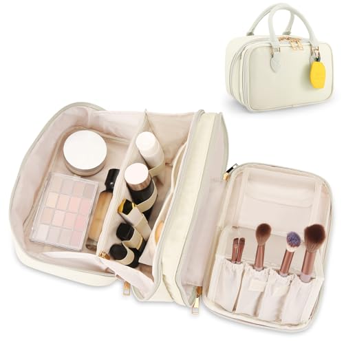 Travel Makeup Bag for Women Fashion Large Capacity Pouch Open Flat Cosmetic Portable Organizer Waterproof Large Opening Storage Toiletry Bags Vertical Free-Standing Brush Holder for Easy Access Beige