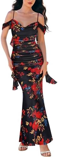 VFSHOW Womens Summer Beach Wedding Guest Ruffle Ruched Bodycon Ma...