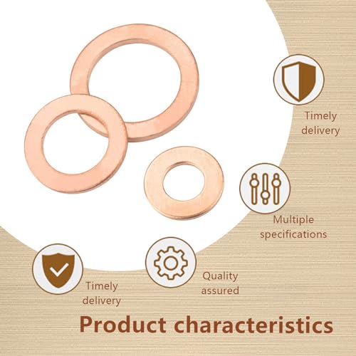 Image of 200 PCS Car Flat Crushed Copper Gasket Classification Kit, M5 M6 M8 M10 M12 M14 9 Specifications Copper Metric Washers, Oil Pan Plug Sealing Gaskets, Universal Accessories for Most Car (Gold)