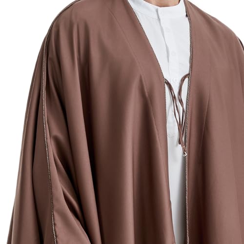 Muslim Men's Pure Color Long Sleeves Bisht Cardigan Robe Ramadan Eid Thobe (Coffee, Medium)4