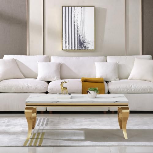 Image of Luxury Marble Coffee Table, Premium White Faux Marble Top, Gold Stainless Steel S Legs, 47 inch Rectangular Living Room Center Table, Modern Coffee Tables for Living Room, Apartment, Home Decor
