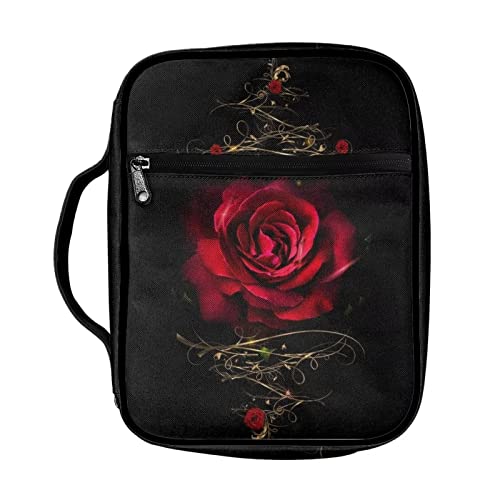 ZIATUBLES Red Rose Print Bible Cover Carrying Book Case Church Bag Bible Protective with Handle and Zippered Pocket for Mother Lady Women