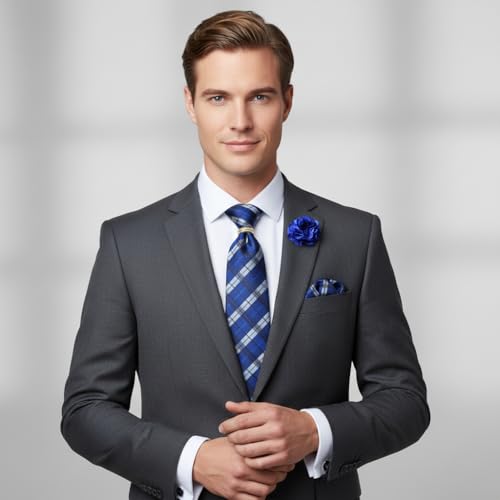 Image of 5PCS Mens Premium Silk Tie, Pocket Square, Cufflinks, Drilled Tie Ring and Lapel Pin Set for Wedding Groom Party